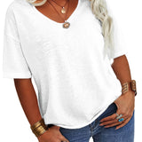 Plus Size Basic T-shirt, Women's Plus Half Sleeve Round Neck Slight Stretch Oversized T-shirt