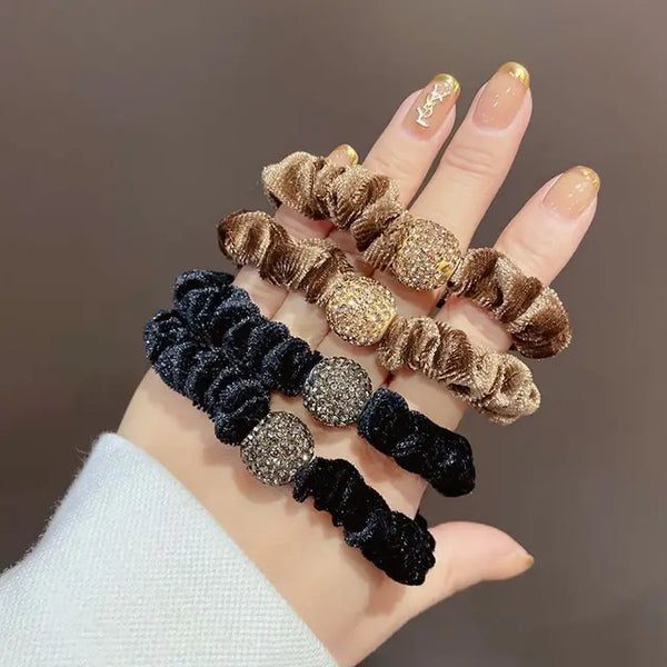 4pcs Fashion Shiny Crystal Ball Velvet Skinny Elastic Rubber Band Solid Color Black Hair Tie Scrunchies Hair Band Rope For Women