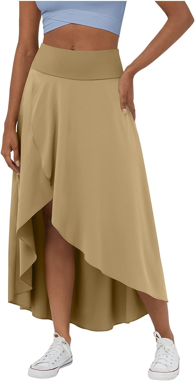 High Waisted High Low Ruffle 2-in-1 Flowy Quick Dry Casual Regular Maxi Skirt