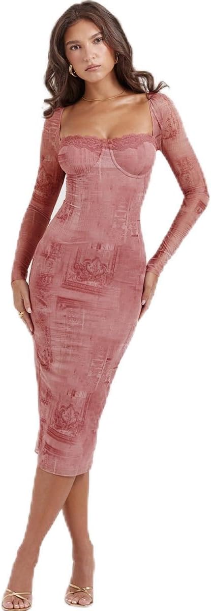 Women's Autumn Winter Pink Print Mensh Long Sleeve Midi Dress Celebrity Evening Party Dresses Vestidos