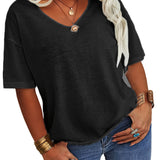 Plus Size Basic T-shirt, Women's Plus Half Sleeve Round Neck Slight Stretch Oversized T-shirt