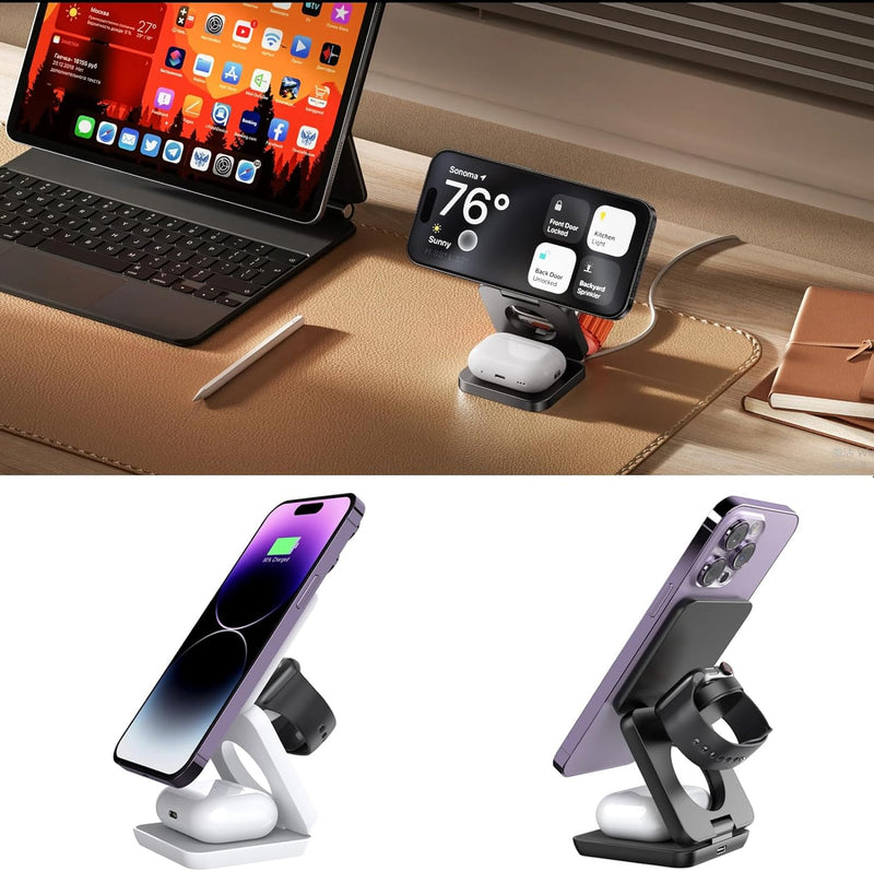 Neodesk 3 in 1 Charger, Neolyst 3 in 1 Charger, Neolyst 3 in 1 Foldable Wireless Charging Station, Neodesk Wireless Charger, 3-in-1 Foldable Magnetic Wireless Charger & Stand (White)