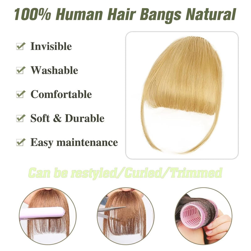 WECAN Clip in Bangs 100% Human Hair Extensions Ash Blonde bangs hair clip Fringe with Temples Wigs for Women Everyday Wear Curved Bangs (M Ash Blonde)