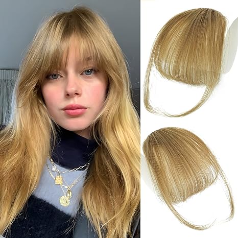 WECAN Clip in Bangs 100% Human Hair Extensions Ash Blonde bangs hair clip Fringe with Temples Wigs for Women Everyday Wear Curved Bangs (M Ash Blonde)