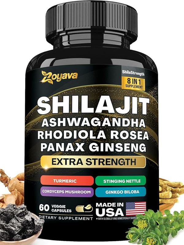 Shilajit Pure Himalayan 9000MG, Energy Booster Ashwagandha 2000MG, Rhodiola Rosea 1000MG, Panax Ginseng 1500MG, Turmeric 500MG, Ginkgo Biloba 500MG, Stinging Nettle 250MG Cordyceps Mushroom 500