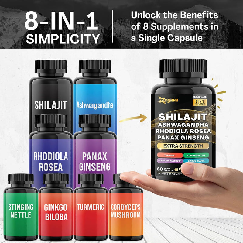 Shilajit Pure Himalayan 9000MG, Energy Booster Ashwagandha 2000MG, Rhodiola Rosea 1000MG, Panax Ginseng 1500MG, Turmeric 500MG, Ginkgo Biloba 500MG, Stinging Nettle 250MG Cordyceps Mushroom 500