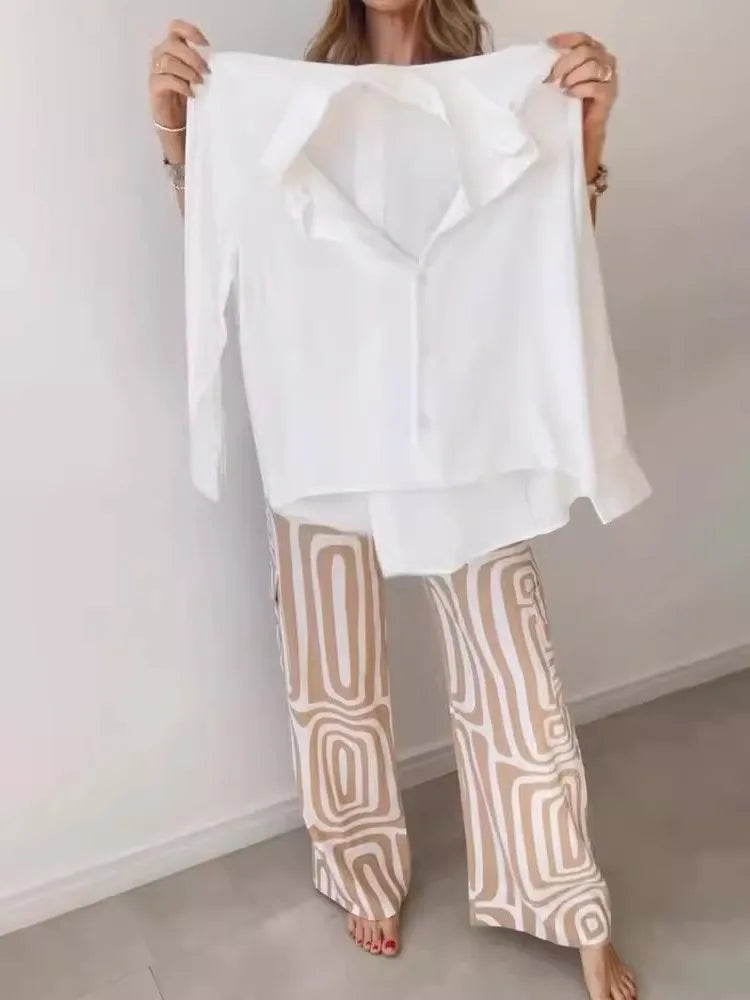 Lapel Long-sleeved Shirt Printed Trousers Two-piece Set Without Belt