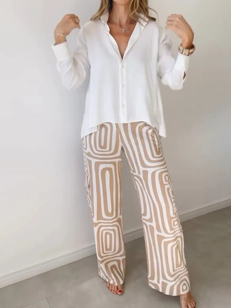 Lapel Long-sleeved Shirt Printed Trousers Two-piece Set Without Belt