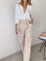 Lapel Long-sleeved Shirt Printed Trousers Two-piece Set Without Belt