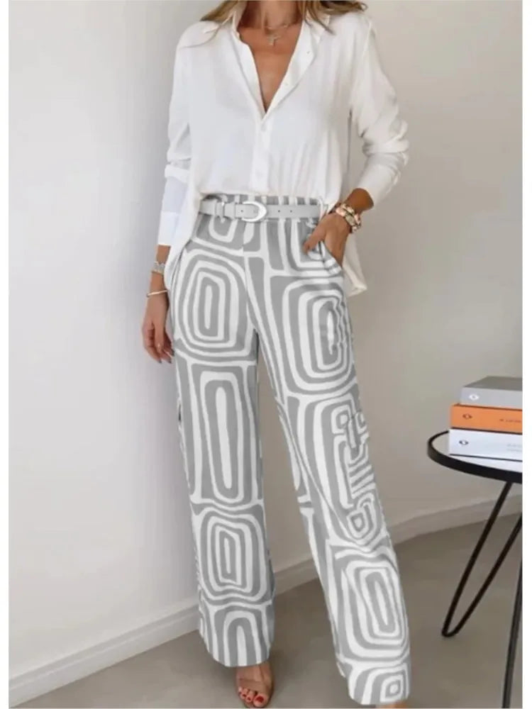 Lapel Long-sleeved Shirt Printed Trousers Two-piece Set Without Belt