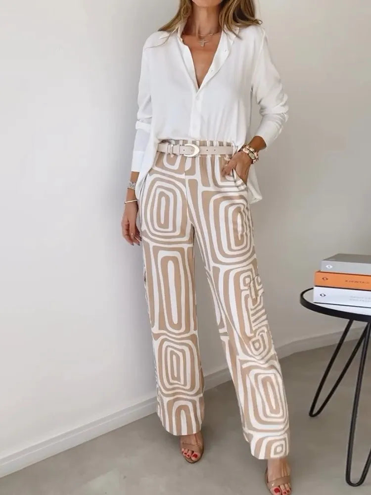 Lapel Long-sleeved Shirt Printed Trousers Two-piece Set Without Belt