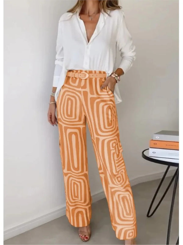 Lapel Long-sleeved Shirt Printed Trousers Two-piece Set Without Belt