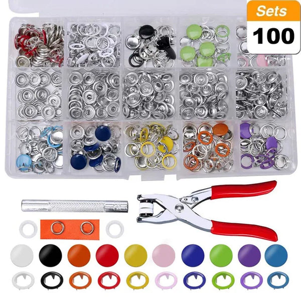 Metal Snaps Buttons With Fastener Pliers Press Tool Kit (10 Colors,9.5mm)