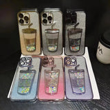 Electroplated aElectroplated Quicksand Cup Glitter Sheet iPhone CaseQuicksand Milk Tea Cups Phone Case for iPhone 15 14 Pro Max 11 12 13 Max Sequins Glitter Cute TPU Back Cover Case