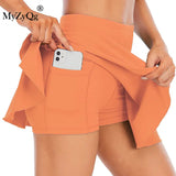 Women Sports Pleated Tennis Skirts Dance Yoga Training Outdoor Jogger Shorts Quick Dry Fake Two-Piece Walking Running Culottes