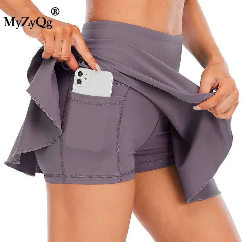 Women Sports Pleated Tennis Skirts Dance Yoga Training Outdoor Jogger Shorts Quick Dry Fake Two-Piece Walking Running Culottes