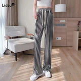 Women's Striped Pants Wide Leg Ribbed Knit Drawstring Elastic Lounge Pants Sweatpants with Pockets 2024 Trendy