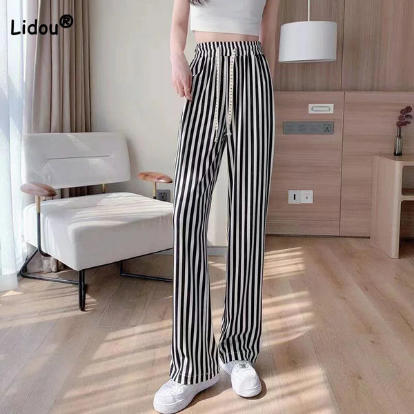 Women's Striped Pants Wide Leg Ribbed Knit Drawstring Elastic Lounge Pants Sweatpants with Pockets 2024 Trendy