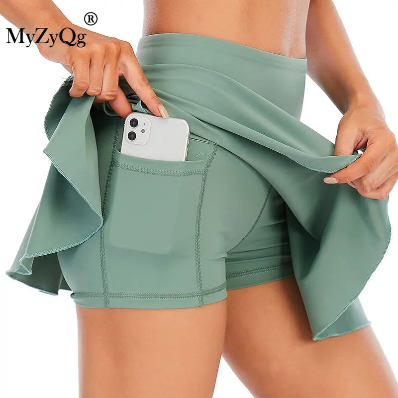 Women Sports Pleated Tennis Skirts Dance Yoga Training Outdoor Jogger Shorts Quick Dry Fake Two-Piece Walking Running Culottes