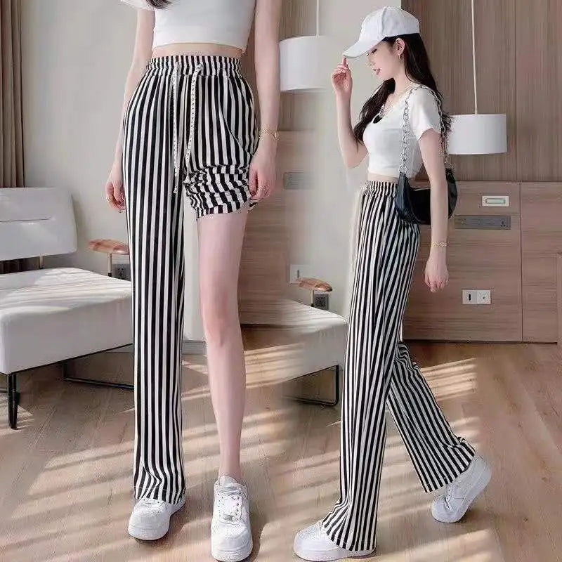 Women's Striped Pants Wide Leg Ribbed Knit Drawstring Elastic Lounge Pants Sweatpants with Pockets 2024 Trendy