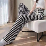 Women's Striped Pants Wide Leg Ribbed Knit Drawstring Elastic Lounge Pants Sweatpants with Pockets 2024 Trendy