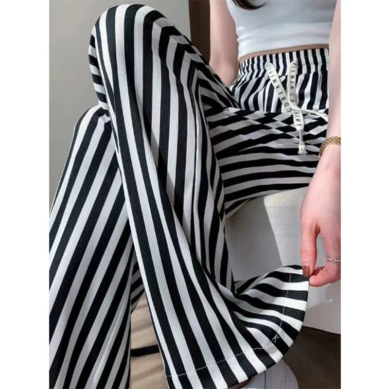 Women's Striped Pants Wide Leg Ribbed Knit Drawstring Elastic Lounge Pants Sweatpants with Pockets 2024 Trendy