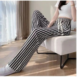 Women's Striped Pants Wide Leg Ribbed Knit Drawstring Elastic Lounge Pants Sweatpants with Pockets 2024 Trendy