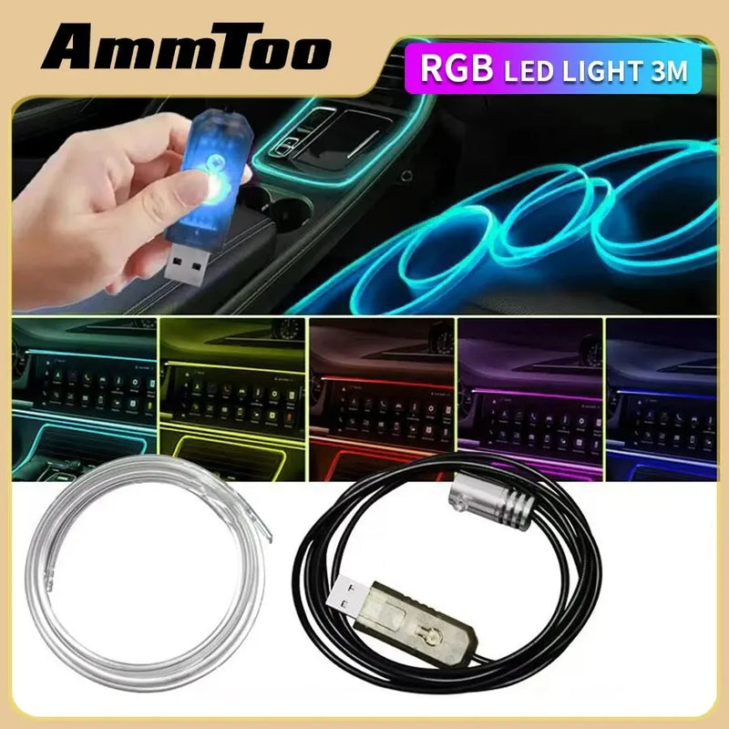 1/2/3/4/5M Car Interior Light Decorative Ambient Lamp 7 Color Multiple Modes Control USB Optical Fiber Neon Strip Atmosphere Bar