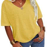 Plus Size Basic T-shirt, Women's Plus Half Sleeve Round Neck Slight Stretch Oversized T-shirt