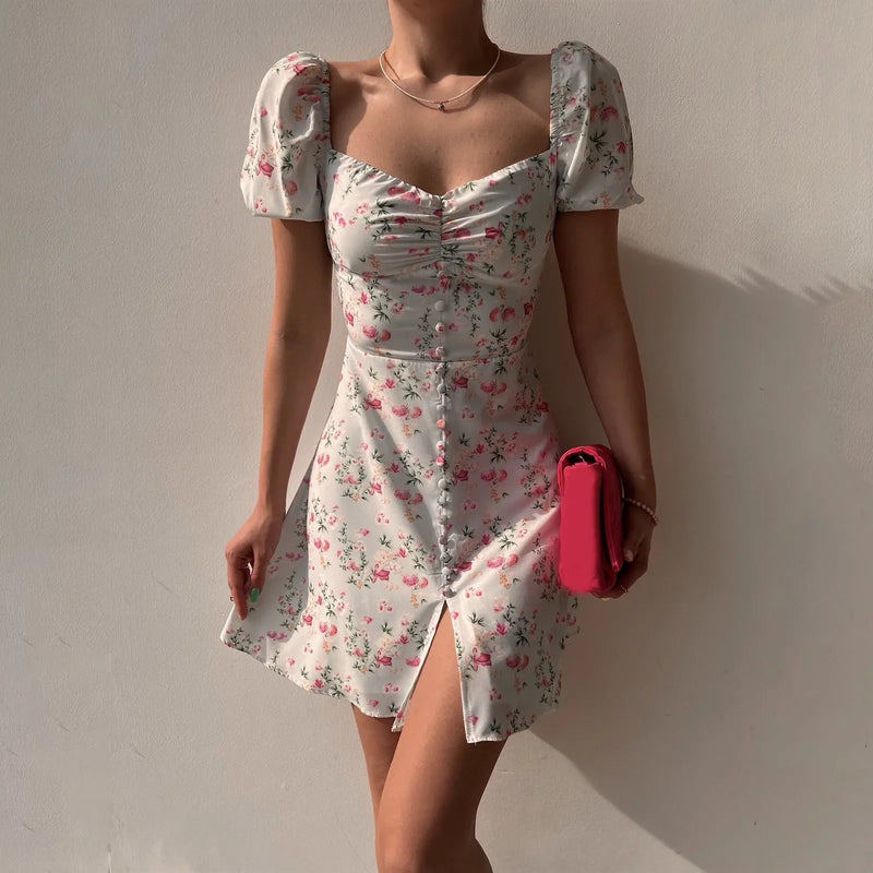 Floral Elegance Bubble Sleeve Dress