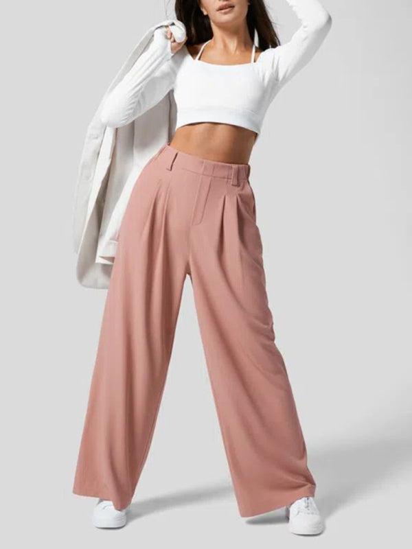 High Waisted Plicated Side Pocket Wide Leg Waffle Work Pants