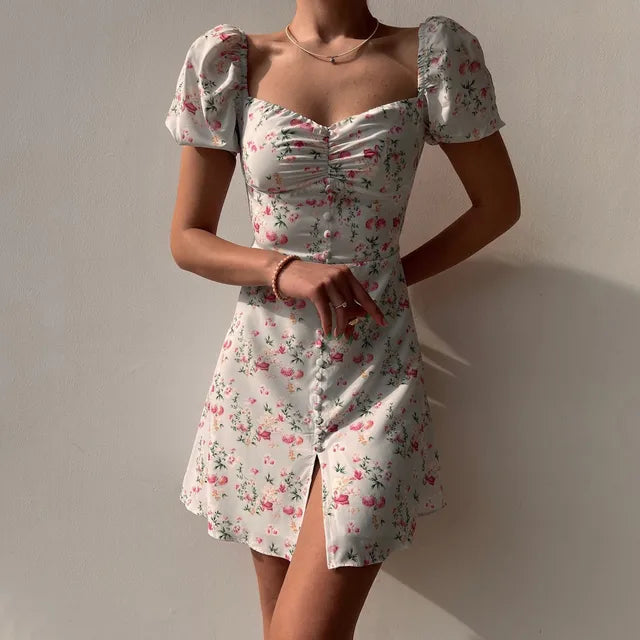 Floral Elegance Bubble Sleeve Dress