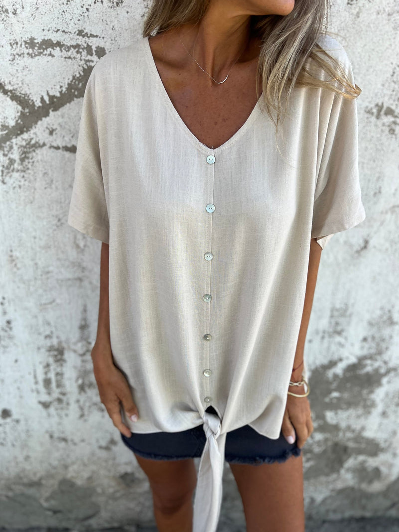 V-neck Button-down Cotton Linen Short-sleeved Top