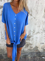 V-neck Button-down Cotton Linen Short-sleeved Top