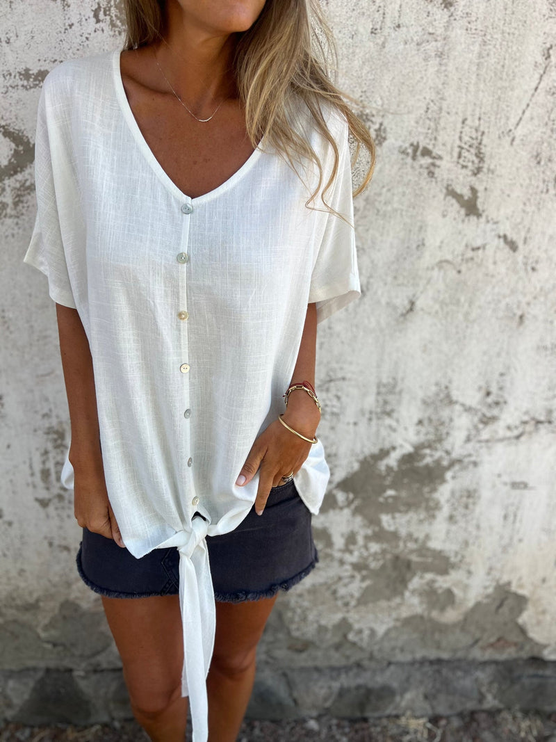 V-neck Button-down Cotton Linen Short-sleeved Top