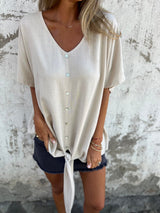 V-neck Button-down Cotton Linen Short-sleeved Top