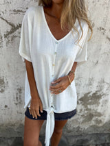 V-neck Button-down Cotton Linen Short-sleeved Top