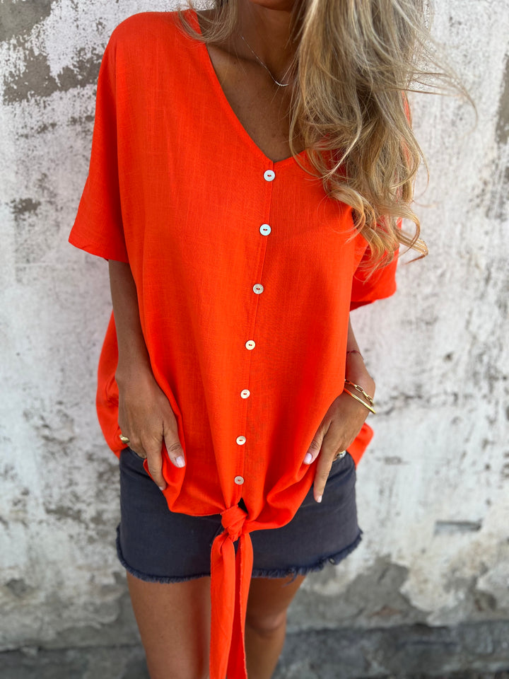 V-neck Button-down Cotton Linen Short-sleeved Top