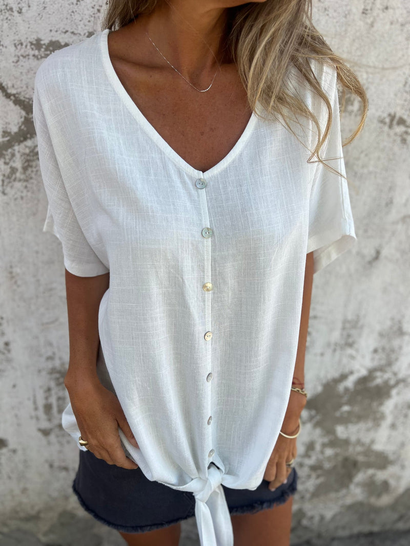 V-neck Button-down Cotton Linen Short-sleeved Top