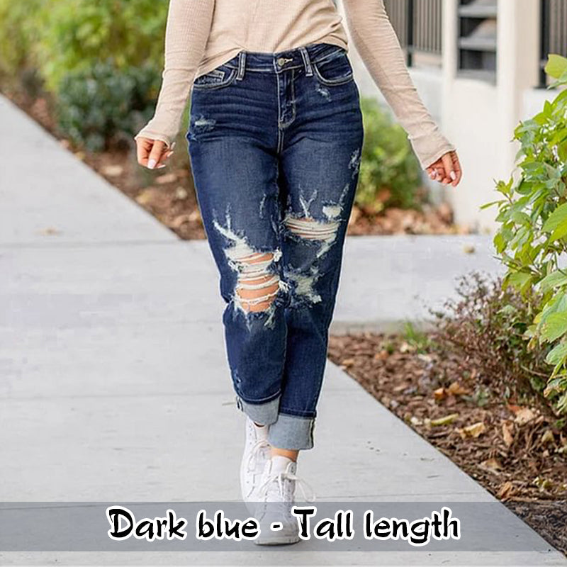 Tummy Control Distressed Cuffed Boyfriend Jeans